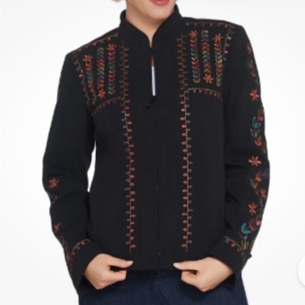 DENNIS BASSO Black Multicolor Embroidered Floral Mandarin Collar Coat Jacket 14